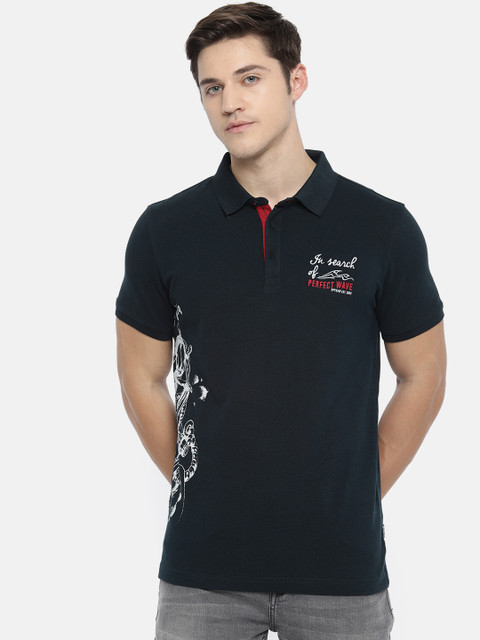 

SPYKAR Men Navy Blue Printed Slim Fit Polo Collar Pure Cotton T-shirt
