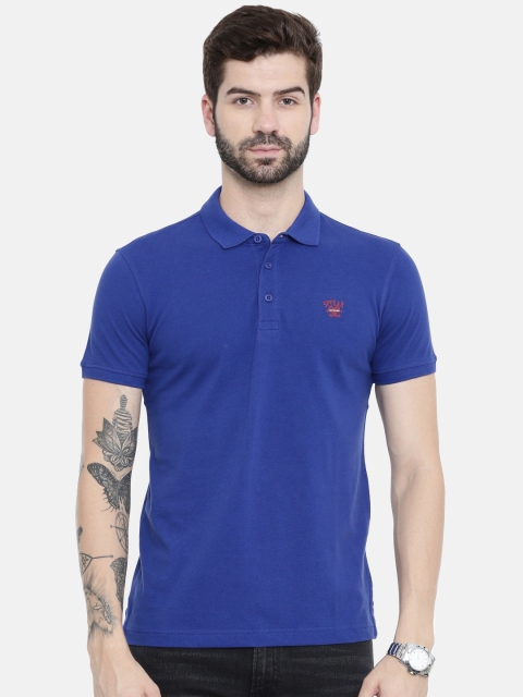 

SPYKAR Men Blue Solid Polo Collar Pure Cotton T-shirt