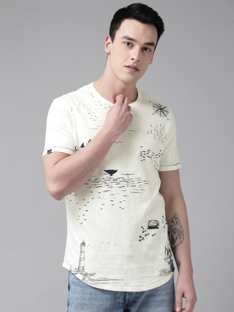 

SPYKAR Men Off-White Navy Blue Printed Round Neck Pure Cotton T-shirt