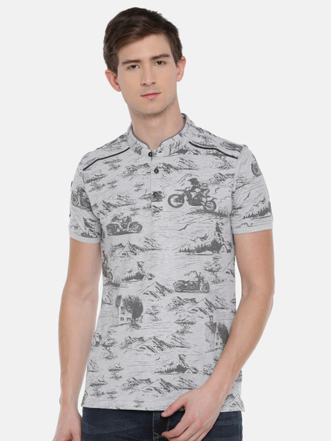 

SPYKAR Men Grey Printed Mandarin Collar T-shirt