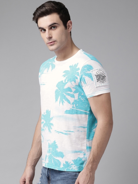 

SPYKAR Men White & Blue Printed Round Neck T-shirt