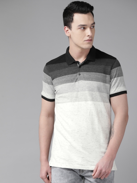 

SPYKAR Men Off-White & Charcoal Grey Striped Polo Collar T-shirt
