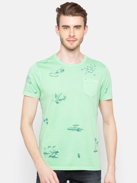 

SPYKAR Men Green Slim Fit Printed Round Neck Pure Cotton T-shirt