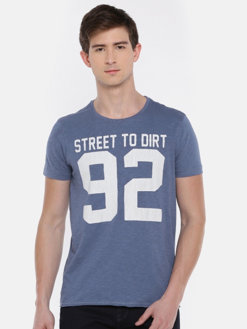 

SPYKAR Men Blue Slim Fit Printed Round Neck Pure Cotton T-shirt