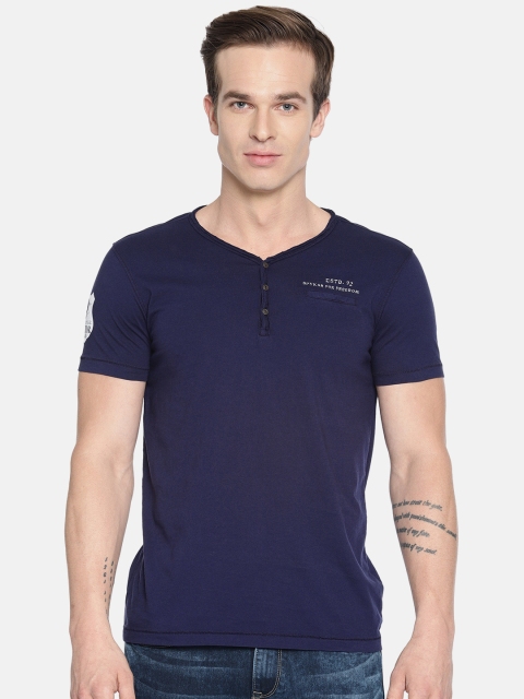 

SPYKAR Men Navy Blue Henley Neck Pure Cotton T-shirt