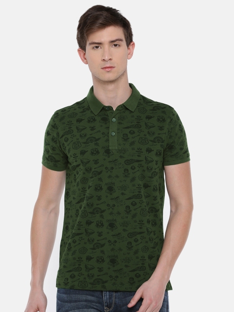 

SPYKAR Men Olive Green Printed Polo Collar Pure Cotton T-shirt
