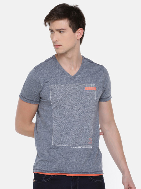 

SPYKAR Men Blue Printed V-Neck T-shirt