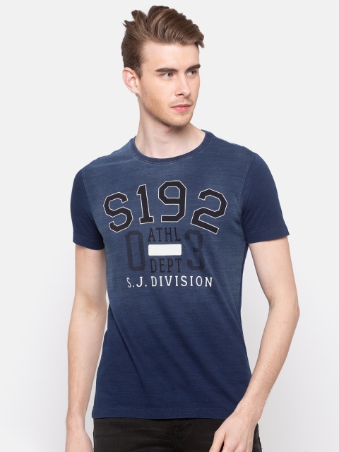 

SPYKAR Men Blue Slim Fit Printed Round Neck Pure Cotton T-shirt