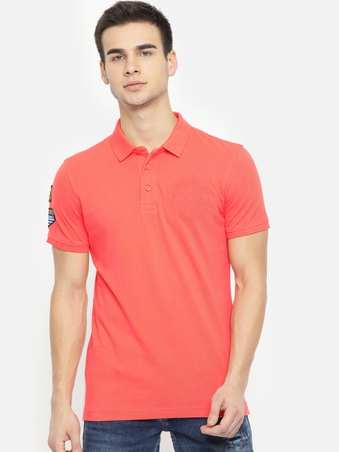 

SPYKAR Men Coral Pink Solid Slim Fit Polo Collar Pure Cotton T-shirt