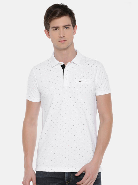 

SPYKAR Men White Printed Polo Collar Pure Cotton T-shirt