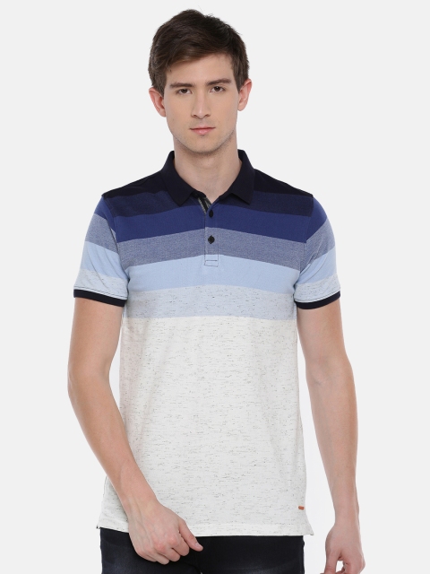 

SPYKAR Men Off-White & Navy Blue Striped Polo Collar T-shirt