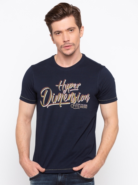 

SPYKAR Men Navy Blue Slim Fit Printed Round Neck Pure Cotton T-shirt