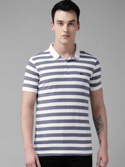 

SPYKAR Men White & Blue Striped Polo Collar T-shirt