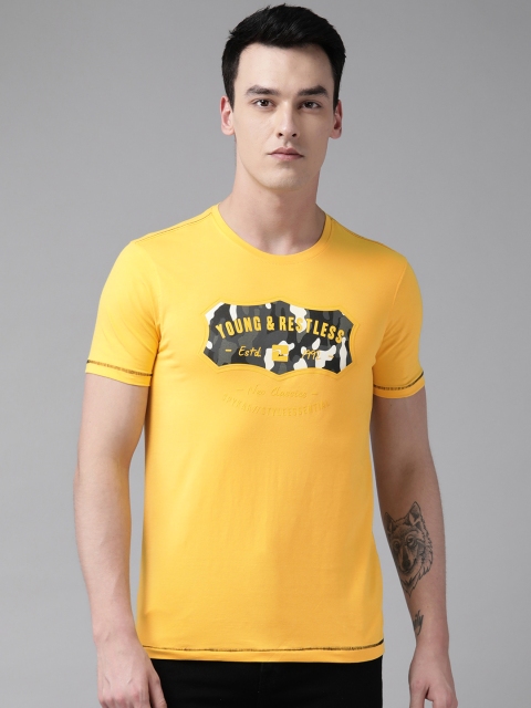 

SPYKAR Men Yellow & Charcoal Grey Printed Round Neck T-shirt