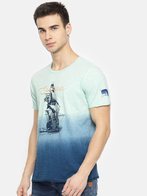 

SPYKAR Men Sea Green & Navy Blue Printed Slim Fit Round Neck T-shirt