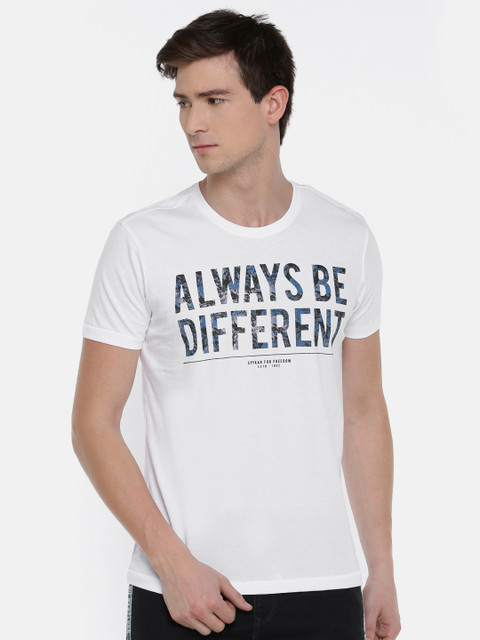 

SPYKAR Men White Blue Printed Round Neck Pure Cotton T-shirt