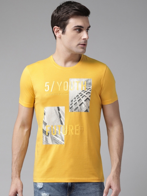 

SPYKAR Men Yellow & Grey Printed Round Neck T-shirt