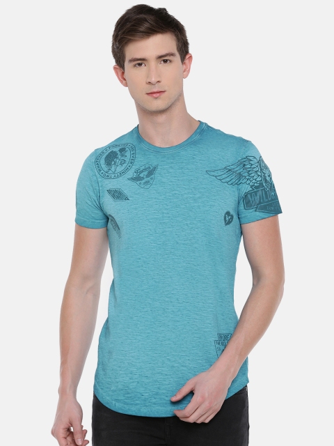 

SPYKAR Men Blue Printed Round Neck Pure Cotton T-shirt