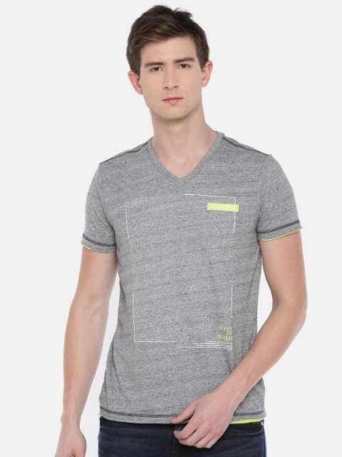 

SPYKAR Men Grey Melange Printed V-Neck T-shirt