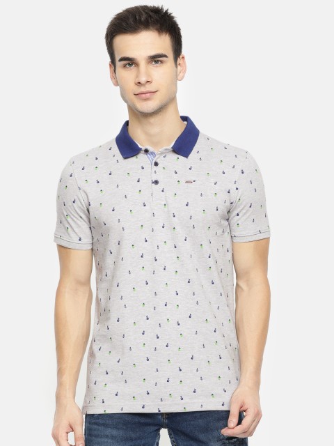

SPYKAR Men Grey Navy Blue Printed Slim Fit Polo Collar Pure Cotton T-shirt
