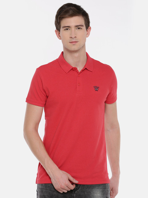 

SPYKAR Men Coral Red Solid Polo Collar Pure Cotton T-shirt