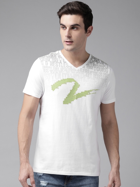 

SPYKAR Men White & Green Printed V-Neck T-shirt