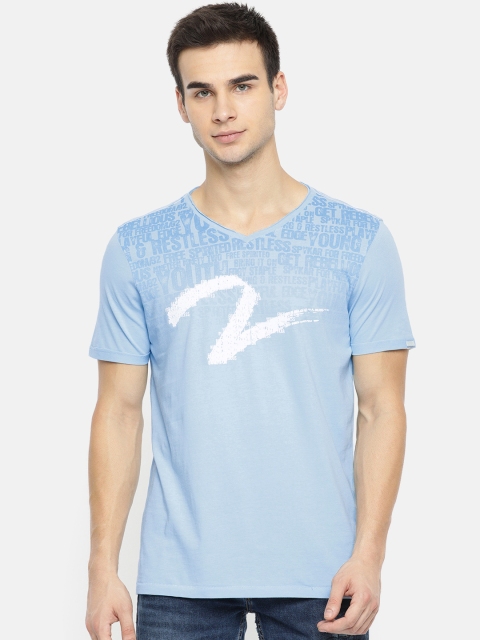 

SPYKAR Men Blue Printed Slim Fit V-Neck Pure Cotton T-shirt