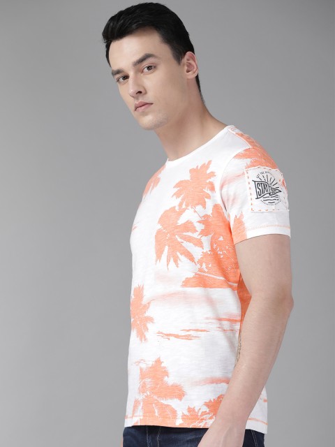 

SPYKAR Men White & Peach-Coloured Printed Round Neck T-shirt
