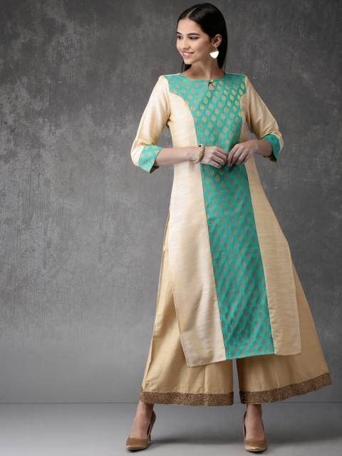 

Anouk Women Beige & Teal Woven Design Straight Kurta