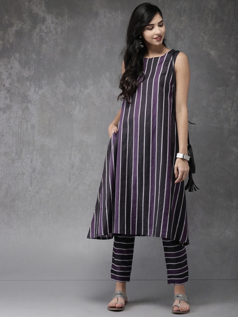 

Anouk Women Purple & Black Striped Kurta with Trousers