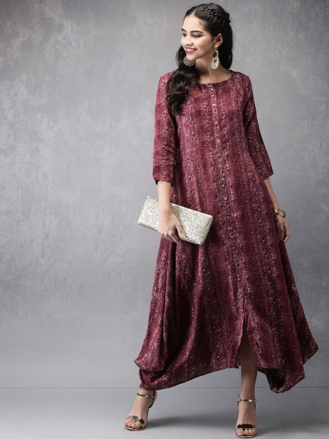 

Anouk Women Maroon Printed Asymmetrical Hem A-Line Kurta