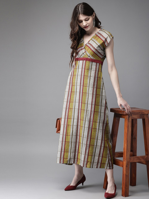 

Anouk Women Olive Green & Maroon A-Line Midi Dress