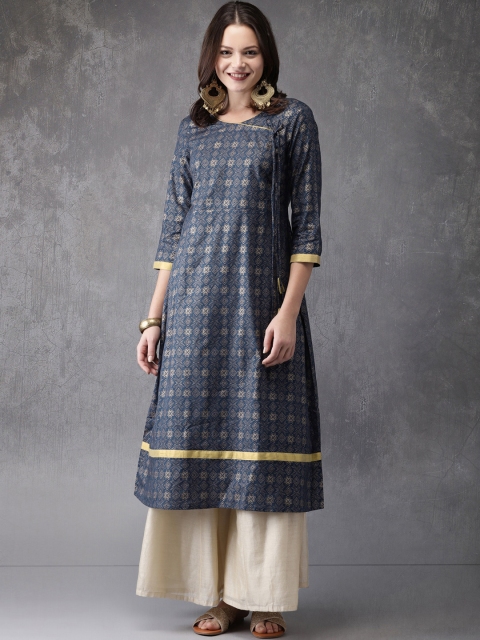 

Anouk Women Navy Foil Printed A-Line Angrakha Kurta, Navy blue