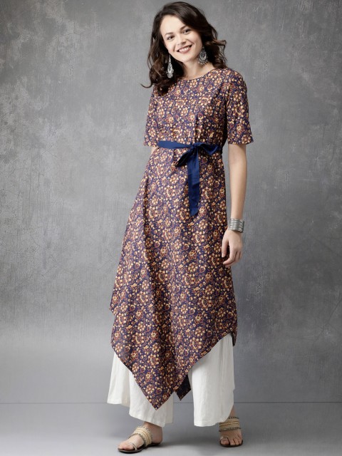 

Anouk Women Navy Blue & Orange Floral Printed Straight Kurta