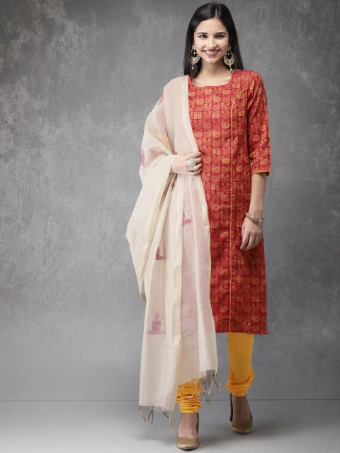 

Anouk Women Red & Yellow Printed Kurta with Churidar & Dupatta