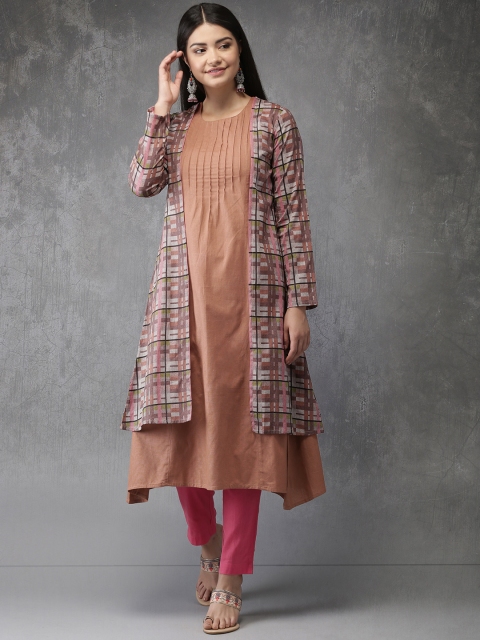 

Anouk Women Brown & Pink Checked Layered Kurta with Trousers