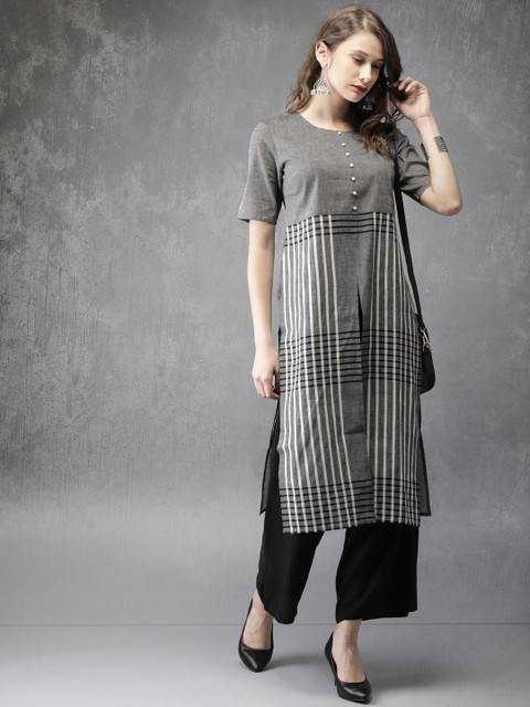 

Anouk Women Grey & White Checked Straight Kurta