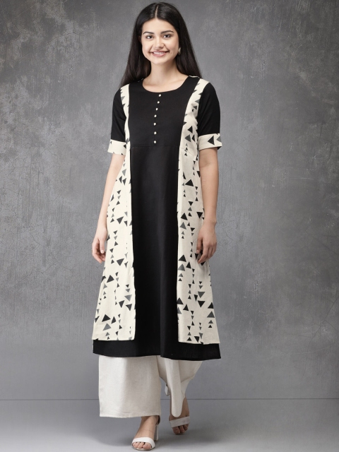 

Anouk Women Off-White & Black Printed A-Line Kurta