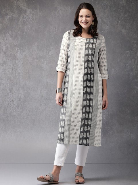 

Anouk Women White & Grey Printed Straight Kurta