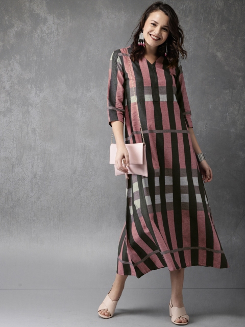 

Anouk Women Pink & Grey Checked A-Line Dress