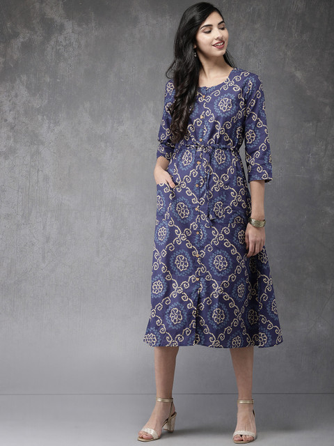 

Anouk Women Blue Printed A-Line Dress