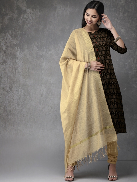 

Anouk Women Black & Cream-Coloured Self Design Kurta with Churidar & Dupatta