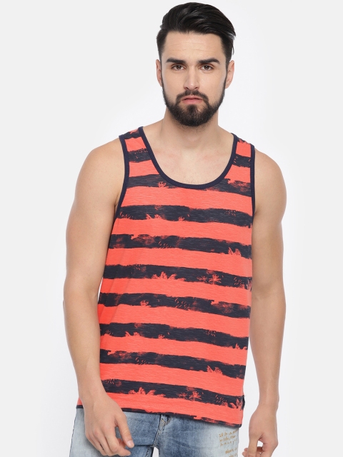 

SPYKAR Men Coral Orange Navy Blue Striped Round Neck Pure Cotton T-shirt