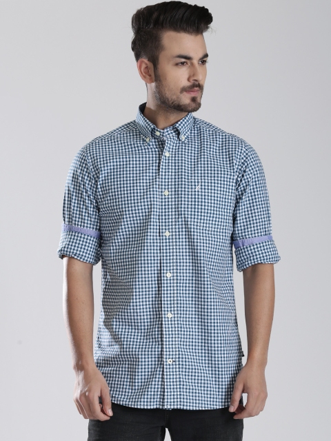 

Nautica White & Teal Blue Checked Slim Fit Casual Shirt