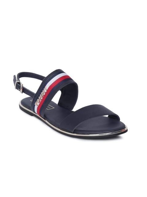 

Tommy Hilfiger Women Navy Blue & Red Striped Leather Open Toe Flats