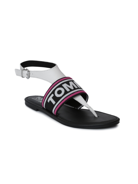 

Tommy Hilfiger Women White & Black Printed Leather Open Toe Flats