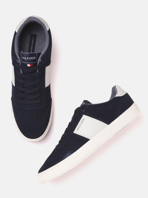

Tommy Hilfiger Men Navy Blue & White Colourblocked Suede Sneakers