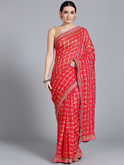 

Chhabra 555 Coral Pink & Golden Checked Gharchola Saree