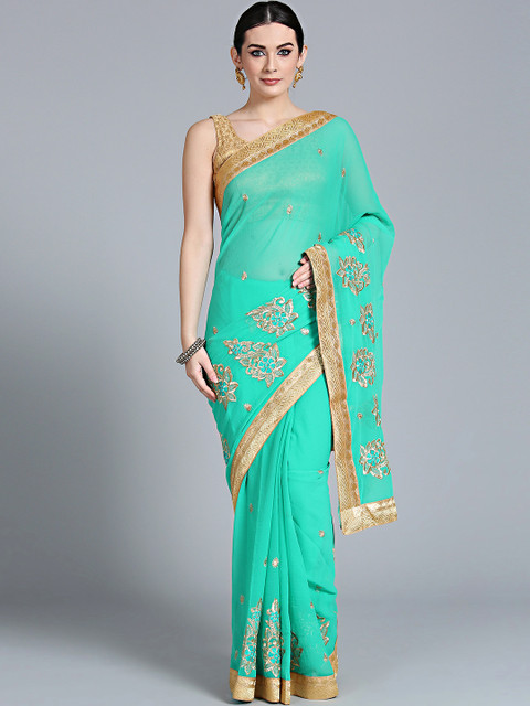 

Chhabra 555 Turquoise Blue & Golden Embroidered Saree