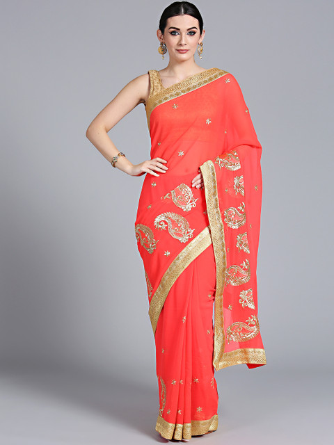 

Chhabra 555 Coral Orange & Golden Embroidered Saree